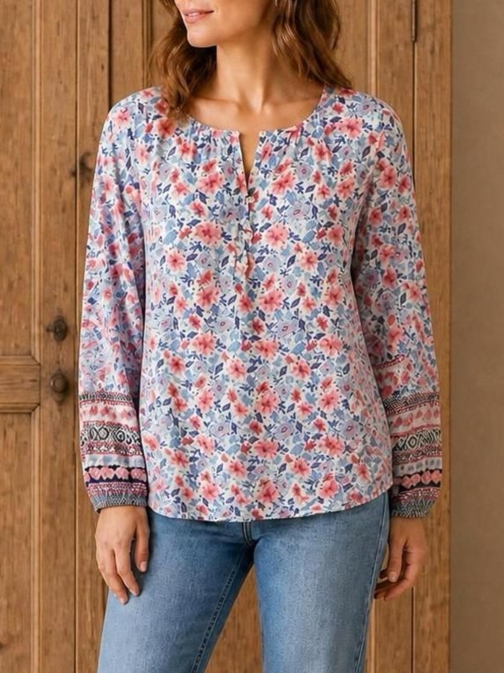 Talbots Floral Split-Neck Blouse - Pink & Blue Size Medium Guc